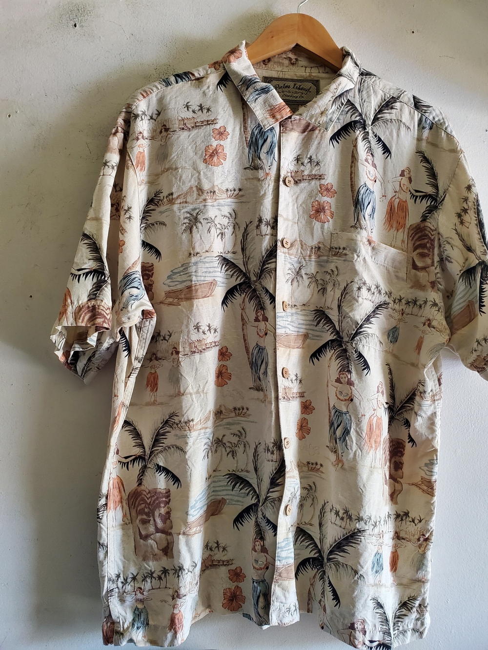 Men's Tropical Print Short-Sleeve Button-Up Shirt - Cream Multi 100% Silk.